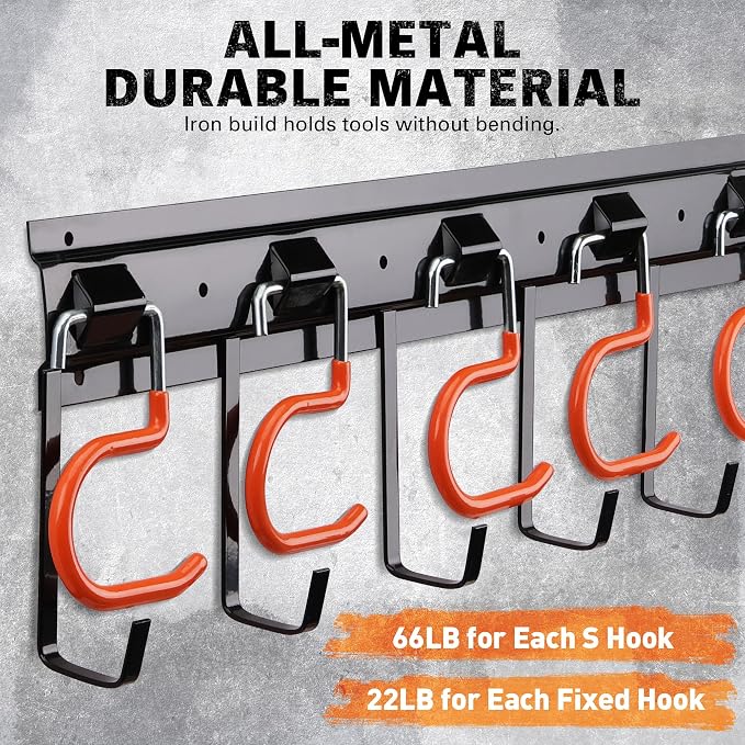 ELEAD 68'' All Metal Adjustable Garden Tool Organizer: Garage Tool Organizer Wall Mount with Orange Hooks, Garage Organizers and Storage, Tool Hangers for Shed