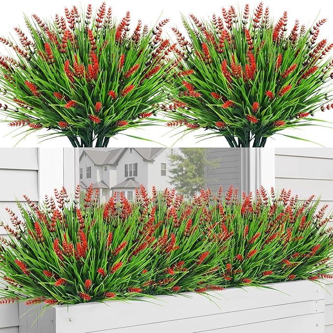 Bassion Artificial Flowers for Outdoors, 24 Bundles Fake Lavender Flowers UV Resistant Red Plastic Plants Faux Monkey Grass for Home Porch Garden Window Box Indoor Outdoor Decorations
