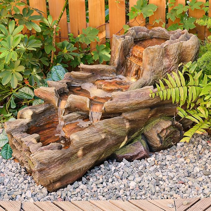 Sunlinua 34.5" L Garden Outdoor Water Fountain, Floor Standing Wood Imitation Resin Natural Waterfall Fountains with LED Lights for Patio, Porch, Home Art Decor