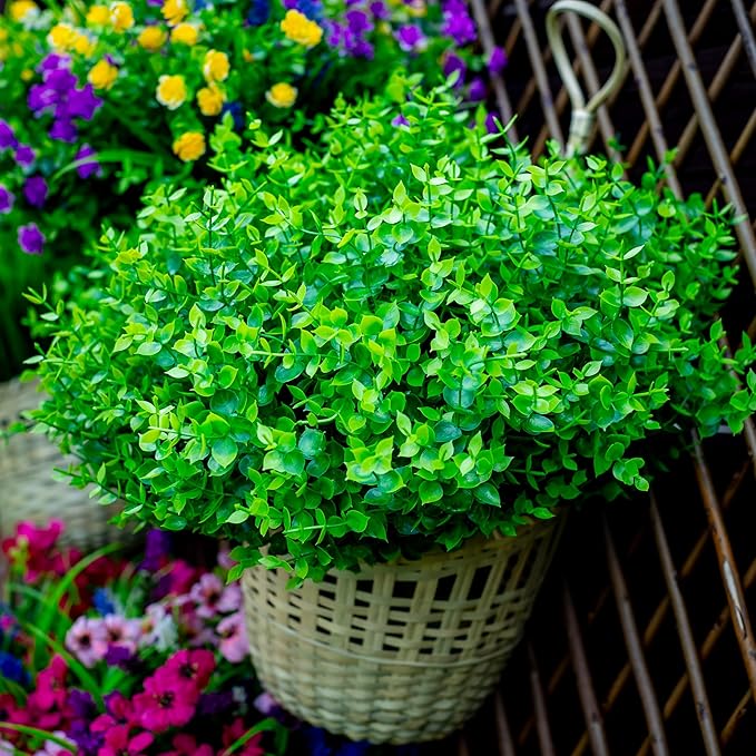 Fake Plants Flowers Outdoor Artificial Shrubs - 16 Bundles UV Resistant No Fade Faux Plastic Greenery Home Garden Porch Patio Decoration Office Indoor (Green)