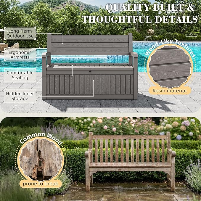 80 Gallon Outdoor Storage Box,Resin Stripes Deck Box Doubles as 2-Person Bench Seat,Waterproof Storage Outdoor Porch Bench for Cushions,Garden Tools and Pool Supplies Grey