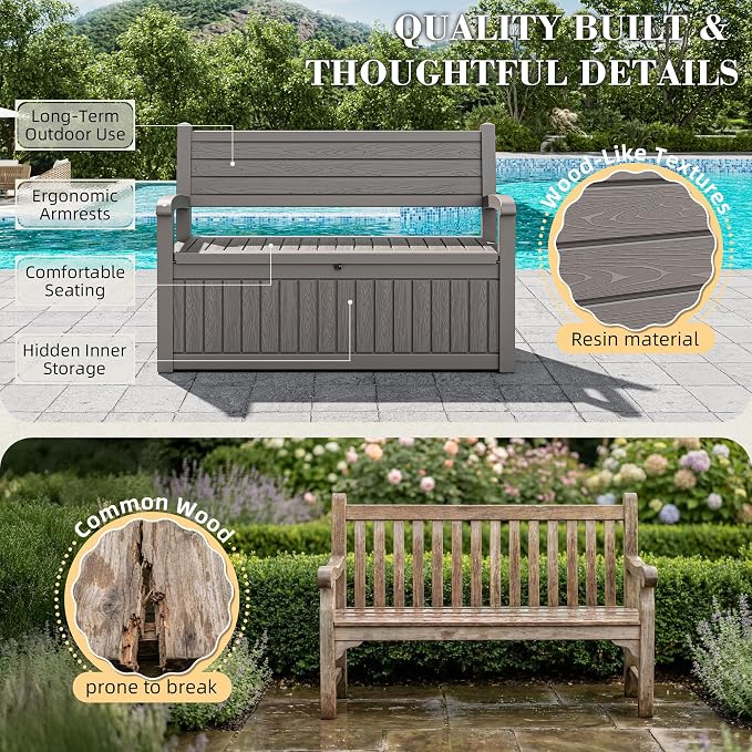 80 Gallon Outdoor Storage Bench Waterproof, Storage Outdoor Porch Bench Doubles as 2-Person Bench Seat, Resin Stripes Deck Box for Cushions, Garden Tools and Pool Supplies Grey
