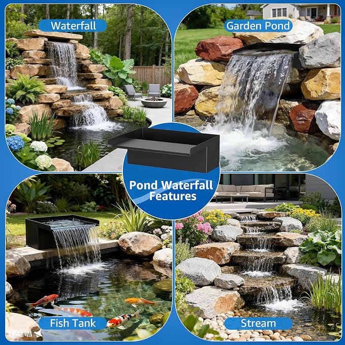 8" Pond Waterfall Kit, 660GPH Ultra Quiet Pump, 304 Stainless Steel Spillway, 9.8FT Freeze-Proof Tubing & 16.4FT Cord - Complete Water Feature Set for Garden, Koi Pond & Backyard Decor