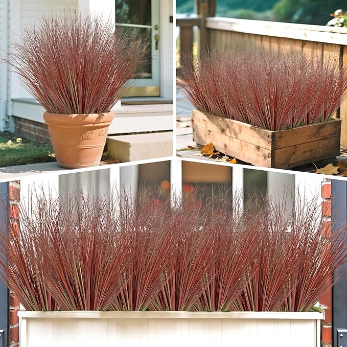 24 Bundles Red Artificial Plants Onion Grass Outdoor 20 Inch Fall Fake Shrubs Wheat Grass UV Resistant Autumn Greenery Stems Faux Bushes Plant for Indoor Home Farmhouse Thanksgiving Fall Decor