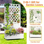 Metal Raised Garden Bed with Diamond Lattice Trellis, Outdoor Planter Box for Climbing Plants Vegetables Vines, Galvanized Garden Box with Drainage Holes and Wheels, White (35.4"L x 16.7"W x 73.2"H)