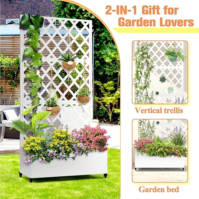 Metal Raised Garden Bed with Diamond Lattice Trellis, Outdoor Planter Box for Climbing Plants Vegetables Vines, Galvanized Garden Box with Drainage Holes and Wheels, White (35.4"L x 16.7"W x 73.2"H)