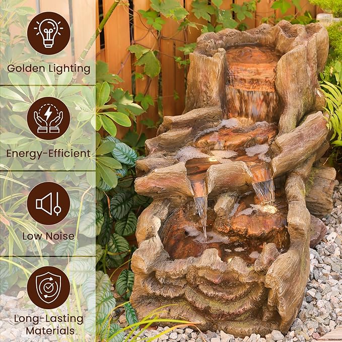 Sunlinua 34.25" L Outdoor Water Fountain with 3 Tiers Large Cascading Realistic Tree Trunk Waterfall Fountains with LED Lights Outdoor Water Fountain for Garden Patio Backyard Porch Home Decor