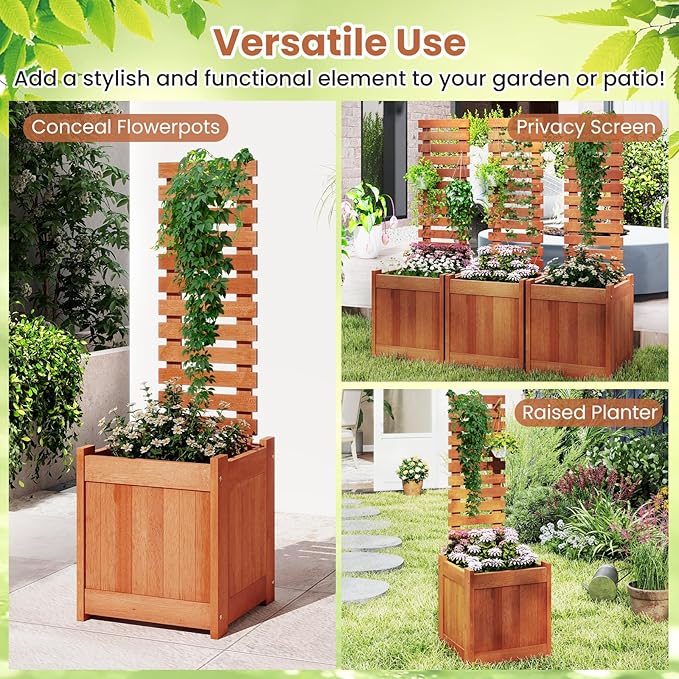 HAPPYGRILL Raised Garden Bed with Trellis, Outdoor Elevated Planter Box w/Trellis, Open-Ended, for Climbing Plant Vine Flower Vegetable, Freestanding Privacy Planters for Patio Yard, 16"x16"x48" (1)