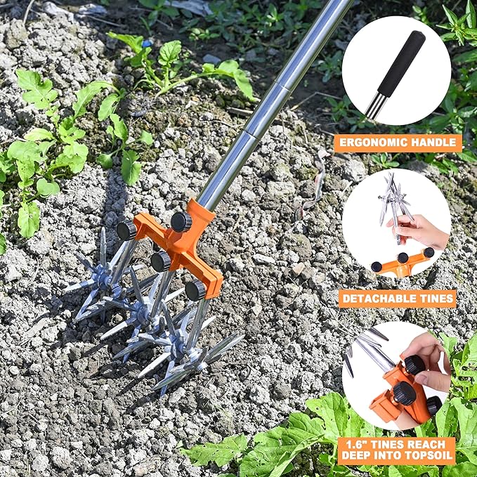 BARAYSTUS Rotary Cultivator Garden Rotary Tiller Adjustable Stainless Steel Poles Hand Tiller for Soil Mixing or Reseeding Grass Lawn Tiller Total Length 57 Inch