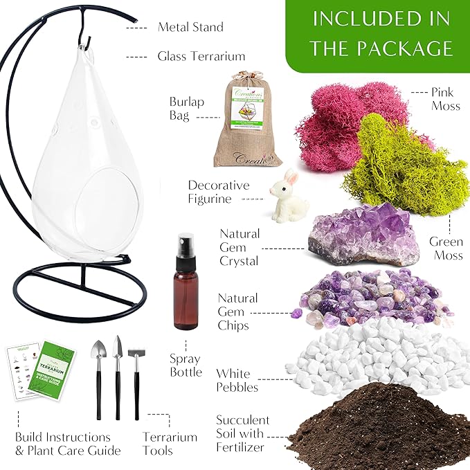 Creations by Nathalie DIY 7" DIY Teardrop Terrarium Kit - Build Your Own Glass Terrarium for Adults & Teens with Moss, Crystals, Tools & Decorative Figurine - Mini Ecosystem (Plant Not Included)
