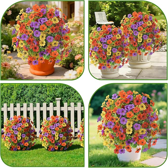 Alupssuc 2Pcs 20" Artificial Topiary Ball Flowers, Spring Outdoor Decoration with Spike, UV Resistant Faux Summer Plants, Faux Bushes Plants, Red Purple Yellow Orange for Garden, Porch Decor