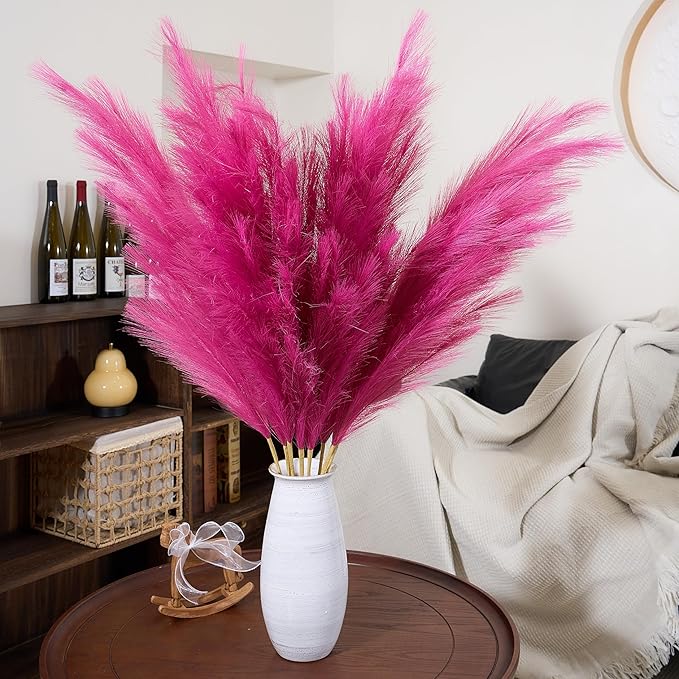 Premium Faux Hot Pink Pampas Grass – Fuchsia 43.3″ 8pcs Tall Fluffy Decor, No Assembly 18-Branch One-Piece Stems for Floor Vase Decor, Luxury Silk-Feel Feather Flowers (8 pcs/110cm)