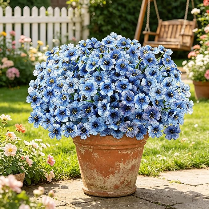 AmyHomie 20 Bundles Artificial Flowers for Outdoors UV Resistant Fake Plants, Faux Silk Flowers No Fade for Planters Garden Porch Window Box Spring Summer Decoration(Blue)