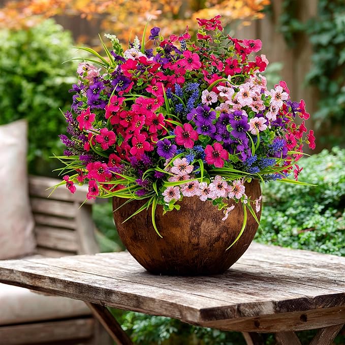 AXYLEX Artificial Flowers for Outdoors Fake Plants - 16 Bundles Faux Outside Greenery Boxwood No Fade Plastic Shrubs Fall Decor Farmhouse Home Garden Thanksgiving Mums (Mix White Purple Pink)