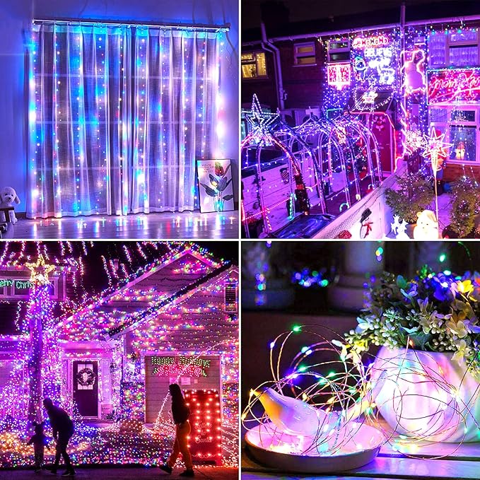 Extra-Long 288FT 800LED Solar Fairy String Lights, 4-Pack 72FT 200 LED Outdoor Twinkle Lights Waterproof, 8 Lighting Modes, Multicolor Silver Wire Lights for Deck Backyard Tree Garden Fence Pool Party