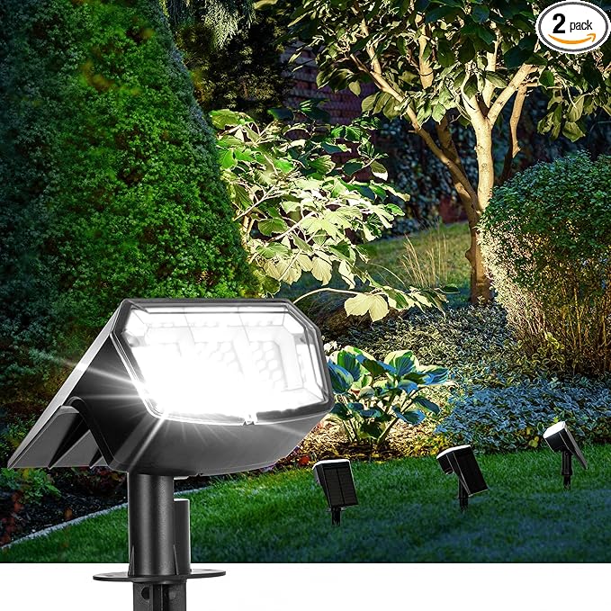 AUDERWIN Solar Spot Lights Outdoor Waterproof 2 Pack IP65, 63 LED 3 Lighting Modes Spotlights for Yard Garden House Garage Pathway
