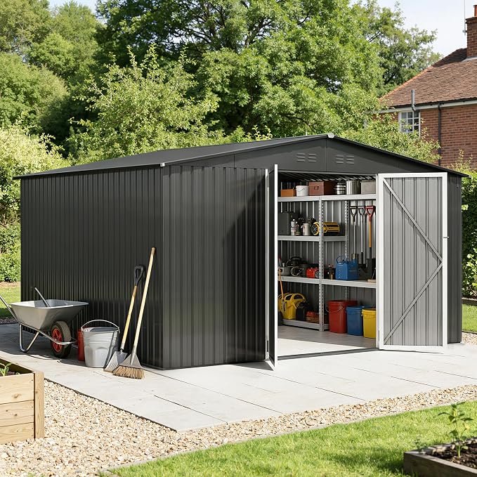 12 x 10FT Dark Grey Outdoor Storage Shed, Metal Waterproof Shed Garden Tool Shed with Door and Lock Outdoor Storage,All-Weather Shelter for Bike, Gardening Tools, Lawn Mowers