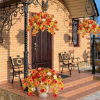 Ammyoo Artificial Fake Fall Flowers with Hanging Basket Plants for Outdoor Decoration, Silk Faux Flower UV Resistant Petunias for Home Porch Patio Garden Balcony Yard Decor Real Looking(Orange White)