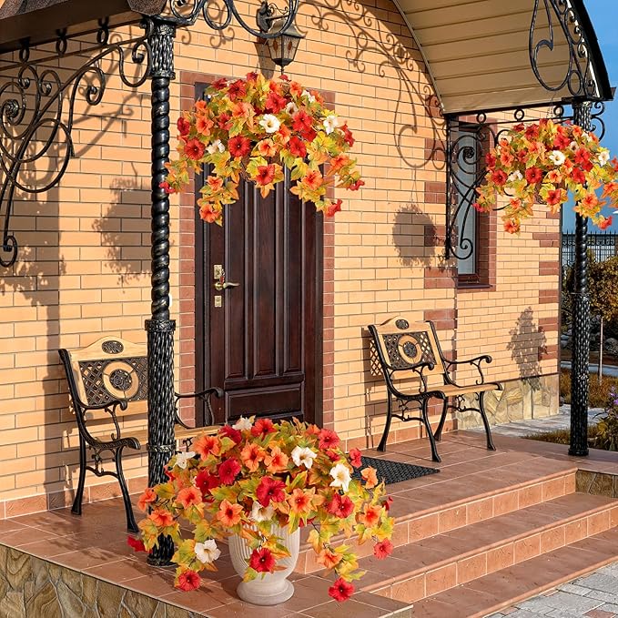 Ammyoo Artificial Fake Fall Flowers with Hanging Basket Plants for Outdoor Decoration, Silk Faux Flower UV Resistant Petunias for Home Porch Patio Garden Balcony Yard Decor Real Looking(Orange White)