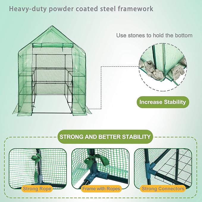 SUNGIFT Walk-in Greenhouse for Outdoors, 57x61x80 Inch Large Greenhouse, 3 Tiers 10 Shelves Mini Green House Kit with Observation Windows Roll-up Door Zipper, Plant Garden Hot House for Herbs, Flowers