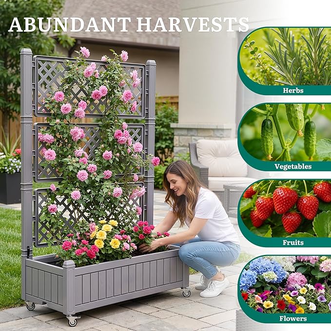 YITAHOME 42.5x14.2x61 in Planter Box with Trellis/Outdoor Privacy Screen, All-Weather Raised Garden Bed with Wheels & Drain Plug for Climbing Plants Flowers Herbs, Brown