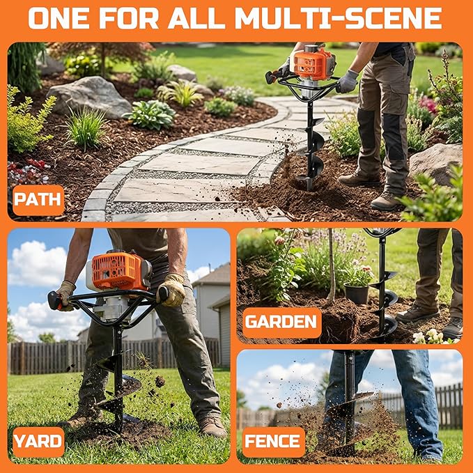 PROYAMA 54cc Post Hole Digger Gas Powered 2 Cycle Earth Auger, 5-Year Warranty Gear Box, 4 Drill Bits 4" 6" 8" 12" + Extension Rod 12" 20"