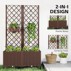 Outsunny Planter Box with Trellis, Self Watering Raised Garden Bed with Lockable Wheels, 56.3" Trellis Privacy Planter with Drainage Holes for Climbing Plants, Vines, Vegetables, Flowers, Brown