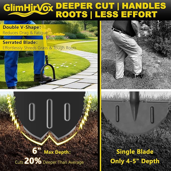 Half Moon Edger Lawn Tool with Double V-Shaped Saw-Tooth Blade & Rubber T-Grip, 40in Edging Shovel for Landscaping, Garden Edging Tool for Landscaping, Manual Lawn Edger Tools for Garden Maintenance