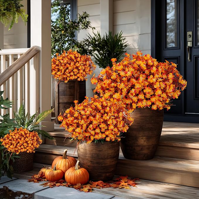 Artificial Flowers Outdoor Shrubs - Fake Plants UV Resistant No Fade Faux Plastic Greenery Home Garden Porch Patio Decoration Office Indoor (Orange)