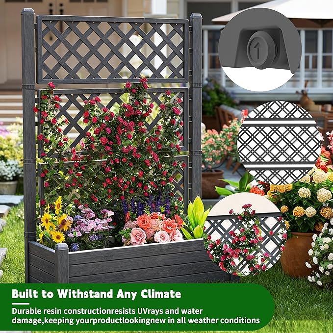 Elevated Raised Garden Bed with Trellis, 21 Gallon Self-Watering Outdoor Resin Planter Box with Lockable Wheels Drain Plug & Water Monitor for Plants Vegetables Flowers Fruits (Black)