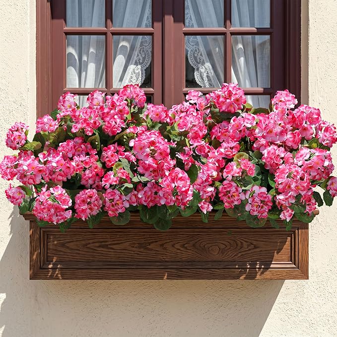 Artificial Geranium Fake Flowers for Outdoors Decoration, 6 Bundles Silk Geraniums Pink Flower UV Resistant Look Real Faux Plants for Outside Planter Front Door Garden Porch Patio Balcony Yard Home