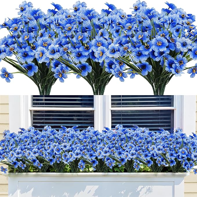 Bassion 24 Bundles Artificial Flowers for Outdoors Decoration, UV Resistant Blue Silk Fake Faux Flowers Artificial Plants for Outside Window Box Porch Garden Home Decor