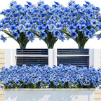 Bassion 24 Bundles Artificial Flowers for Outdoors Decoration, UV Resistant Blue Silk Fake Faux Flowers Artificial Plants for Outside Window Box Porch Garden Home Decor
