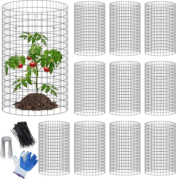 winemana 12 Set Garden Plant Protector Cage,36 Pcs 16x12 in Metal Wire Protectors for Plants Protection Cages with Stakes Ties Animals Barrier to Keep Rabbit Chicken Away from Flower Vegetables(Black)
