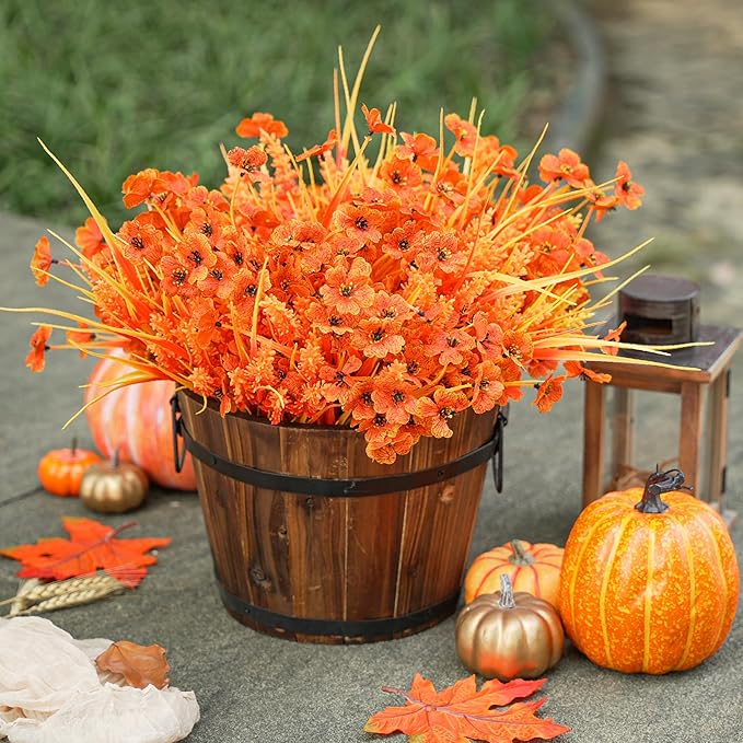 Der Rose 24 Bundles Fall Mums Artificial Flowers for Outdoor Fake Flowers Plants UV Resistant for Home Garden Porch Window Wedding Decor(Orange)