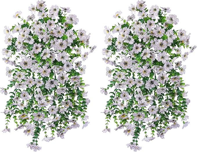INSPRING Artificial Faux Outdoor Outside Flowers Plants, 2 PCS Fake Silk UV Resistant Look Real White Daisy Trailing Vines for Front Door Porch Planter Urn Patio Balcony Decoration