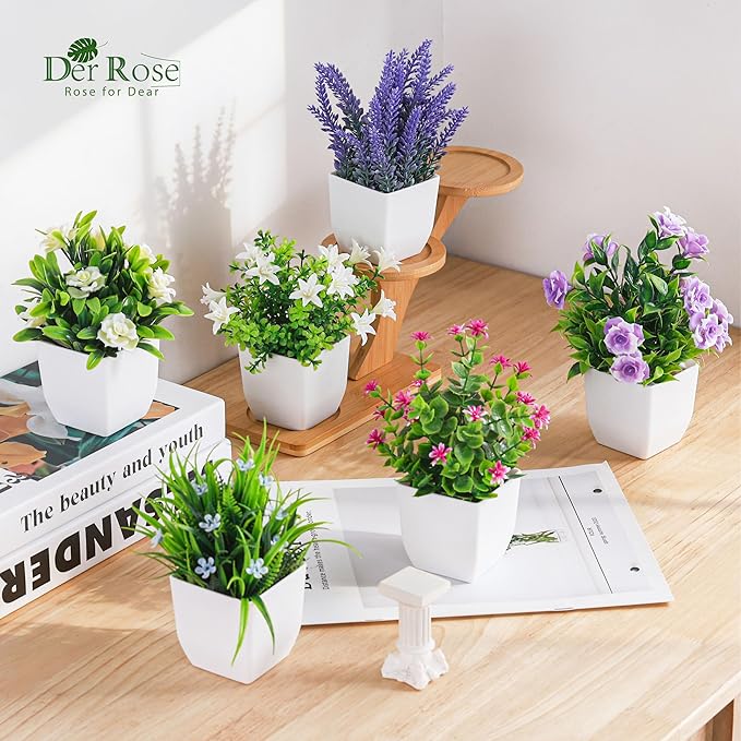 Der Rose 6 Pack Fake Plants Small Artificial Potted Faux Plants with Flowers for Home Bathroom Living Room Office Decor Indoor