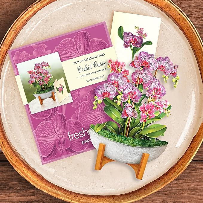 Freshcut Paper Pop Up Cards, Mini Orchid Oasis, 6 Inch Mini Sized Forever Flower Bouquet 3D Popup Greeting Cards, Birthday Card, Get Well Gifts, Blank Notecard & Envelope