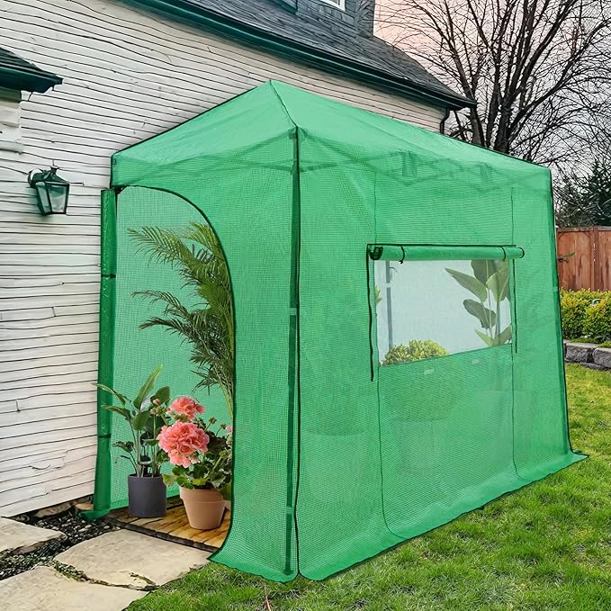 EAGLE PEAK 10x5 Portable Walk in Greenhouse, Pop Up Indoor Outdoor Greenhouse, Green House Kit with Zippered Roll-Up Doors and Windows, Lean-to Design, PE Cover, Clear/Green