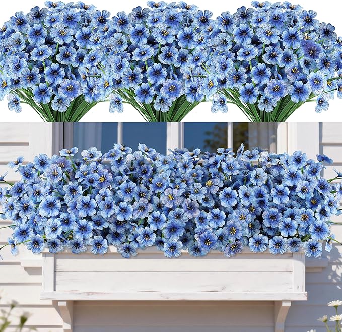 AmyHomie 20 Bundles Artificial Flowers for Outdoors UV Resistant Fake Plants, Faux Silk Flowers No Fade for Planters Garden Porch Window Box Spring Summer Decoration(Blue)