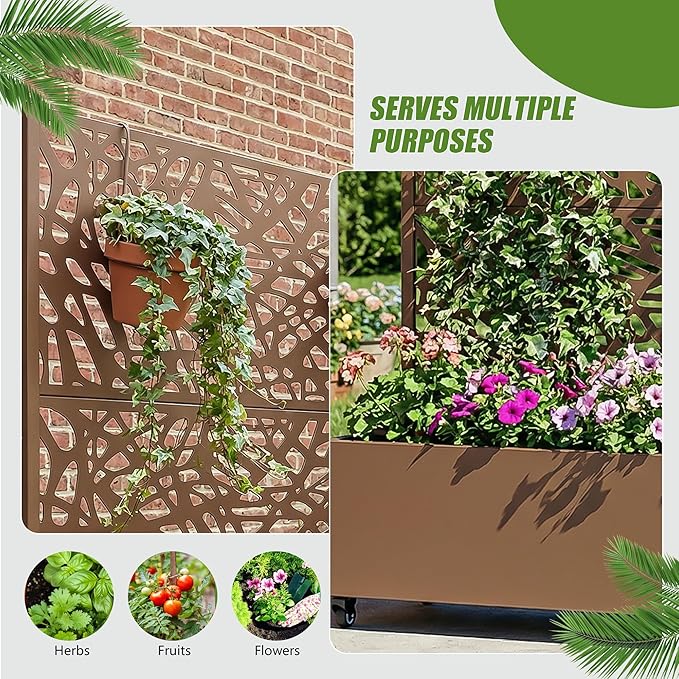 Casaphoria Metal Raised Garden Bed with Trellis and Wheels, 47"x47"x16" Planter Box for Climbing Plants, Vegetables & Vines, Features Drainage Holes and Privacy Screen, Brown-Net