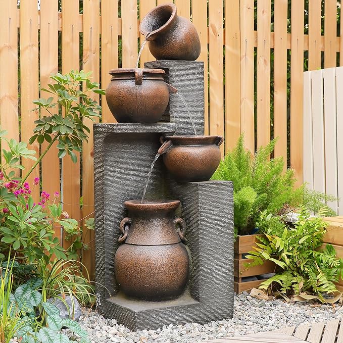 Bumilgar 53" H Large Outdoor Water Fountain with Lights - 4 Tiered Cascading Bowls Waterfall Fountain for Garden, Patio, Backyard, Porch Inside - Freestanding Outdoor Water Feature Gold