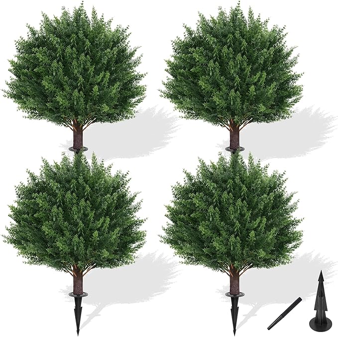 Grooy Artificial Cypress Topiary Tree with Ground Spike, Set of 4 Artificial Shrub Bushes, Fake Evergreen Tree for Porch, Artificial Plants for Outdoor Planters Indoor UV Resistant