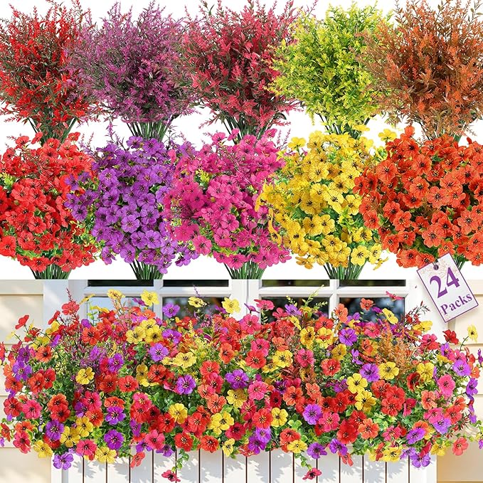 SHareconn 24 Bundles Artificial Flowers for Outdoors Decoration, Faux Plants Fake Silk Colorful Daisy Eucalyptus Lavender, UV Resistant for Outside Home Indoor Spring Decor, RedRosyPurpleYellowOrange