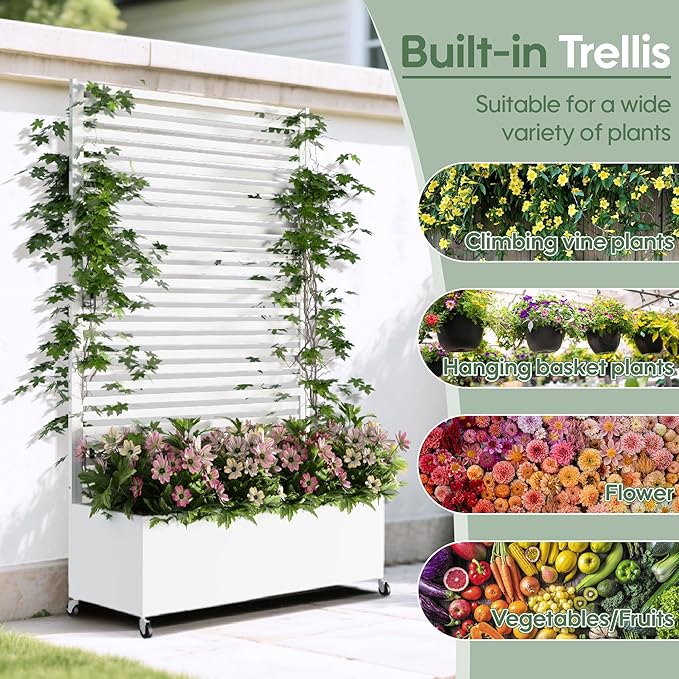 Metal Planter Box with Trellis Privacy Screen, Raised Garden Bed with Trellis & Wheels, Privacy Planters for Patio, Planter Box with Drainage Holes for Climbing Plants, 73"x 47"x 16", White