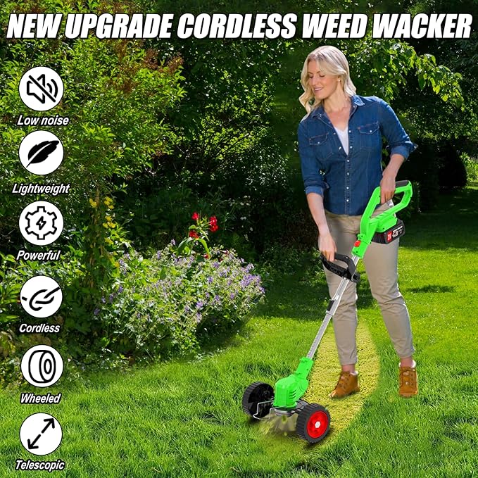 Cordless Electric Weed Wacker Eater 21V Battery Powered Stringless Weed Trimmer with 4 Types Blades & Wheels, 3-in-1 Grass Trimmer/Lawn Edger/Brush Cutter, Lightweight Garden Tool for Garden Yard