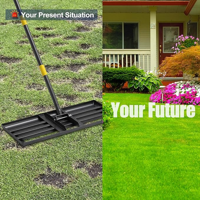 Professional Lawn Leveling Rake 30x10in - Heavy Duty Leveling Tool with 80" Adjustable Stainless Steel Handle | Golf Field Sand Spreader, Football Pitch Grass Leveler | Rustproof Turf Grading Rake