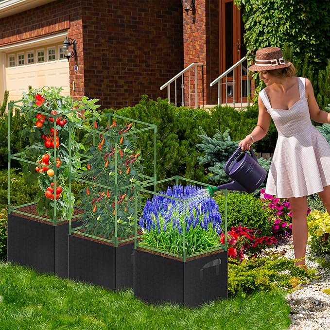 WLLEYAY 3 Pack Square Tomato Cages with 17 Gallon Grow Bags, 46'' Upgraded Heavy Duty Steel Garden Plant Support Stakes Kit, Flowers Vegetable Trellis for Vertical Climbing Plants Vines
