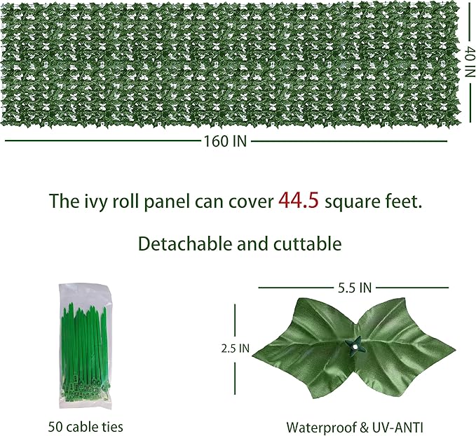 ODTORY Artificial Ivy Privacy Fence Wall Screen,40X160 in UV-Anti Faux Greenery Backdrop Ivy Vine Leaf Hedges Fence Panels for Patio, Balcony, Garden, Backyard Indoor Outdoor Green Wall Decor