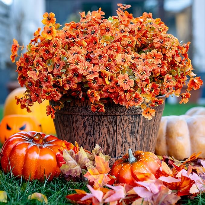 AXYLEX Artificial Fall Flowers Outdoor Fake Mums - 16 Bundles Fake Plants UV Resistant No Fade Faux Plastic Greenery Garden Porch Patio Fall Home Decor (Orangegreen)